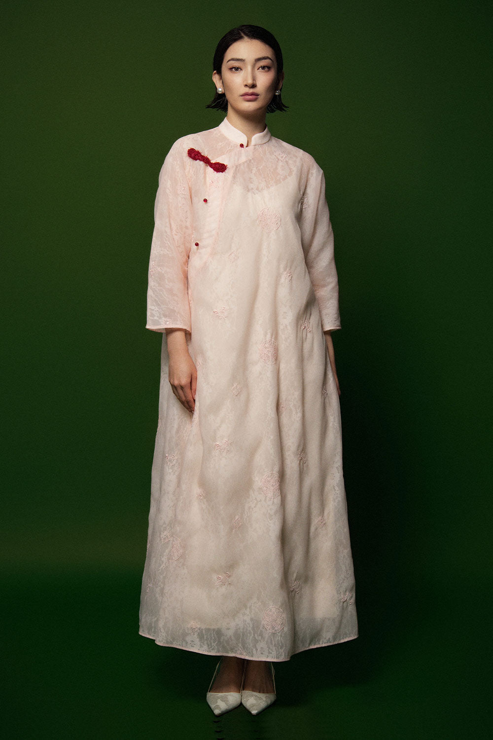 Thieu Hoa Trapezoid Mandarin Neck Organza Ankle Length Dress