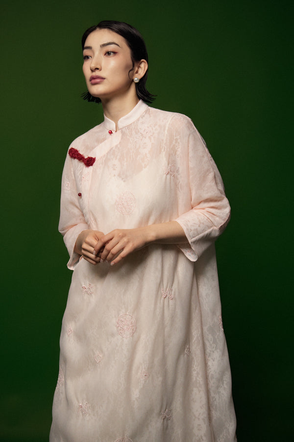 Thieu Hoa Trapezoid Mandarin Neck Organza Ankle Length Dress