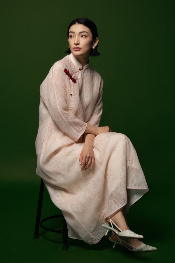 Thieu Hoa Trapezoid Mandarin Neck Organza Ankle Length Dress