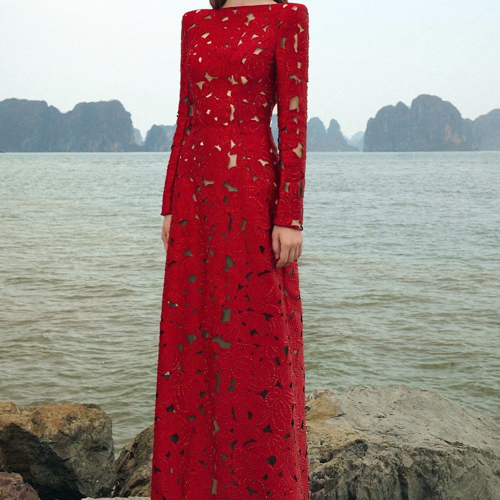 Brittany A-line Floral Taffeta Floor Length Dress