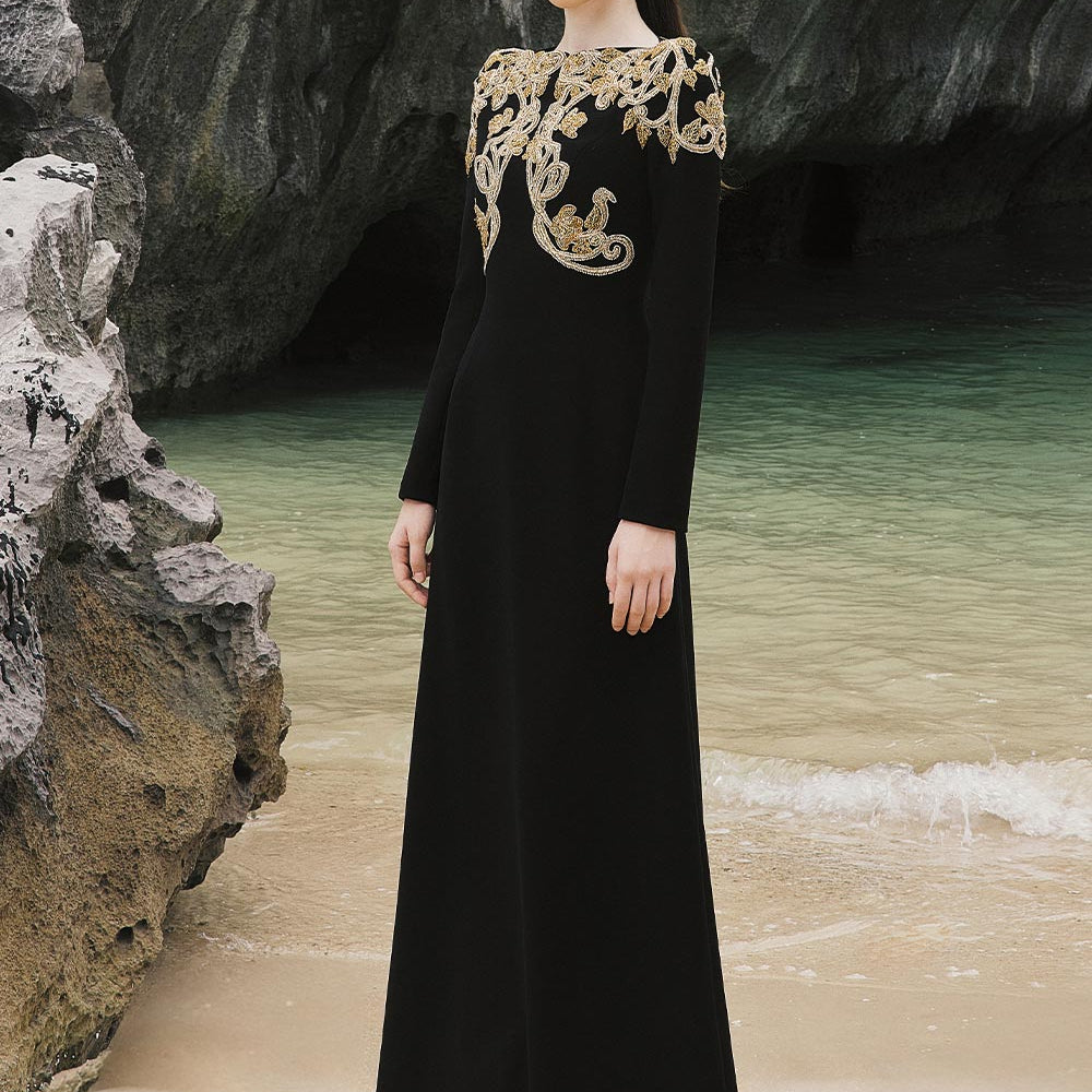 Sariah A-line Embroidered Crepe Floor Length Dress