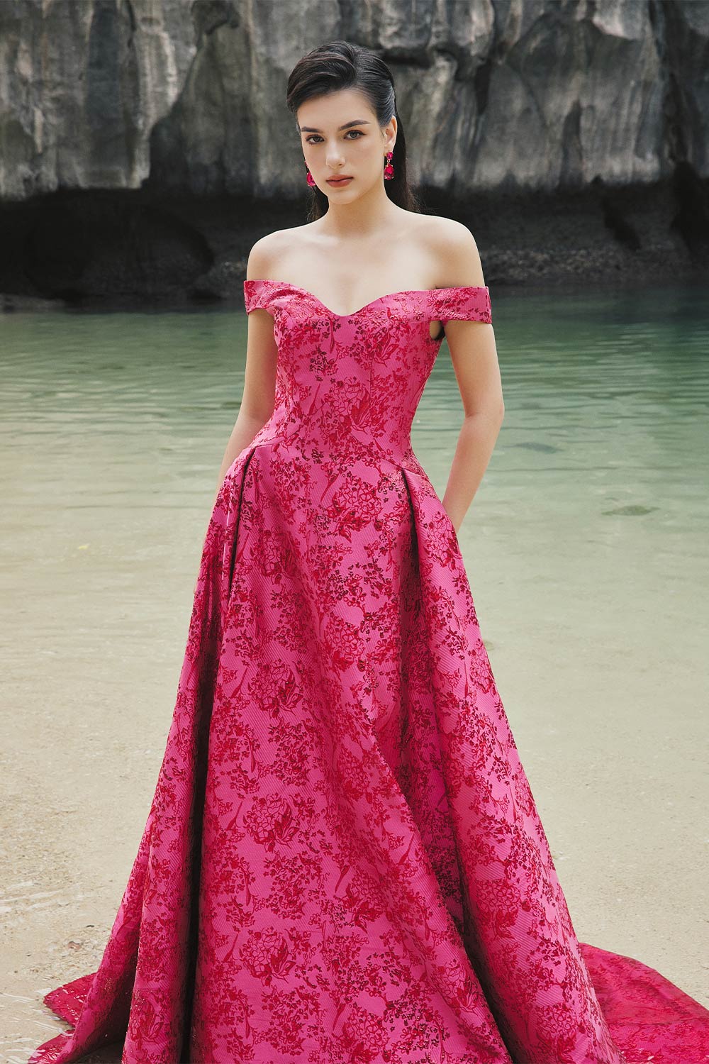 Malaya Ball Gown Off-Shoulder Brocade Extra Long Length Dress