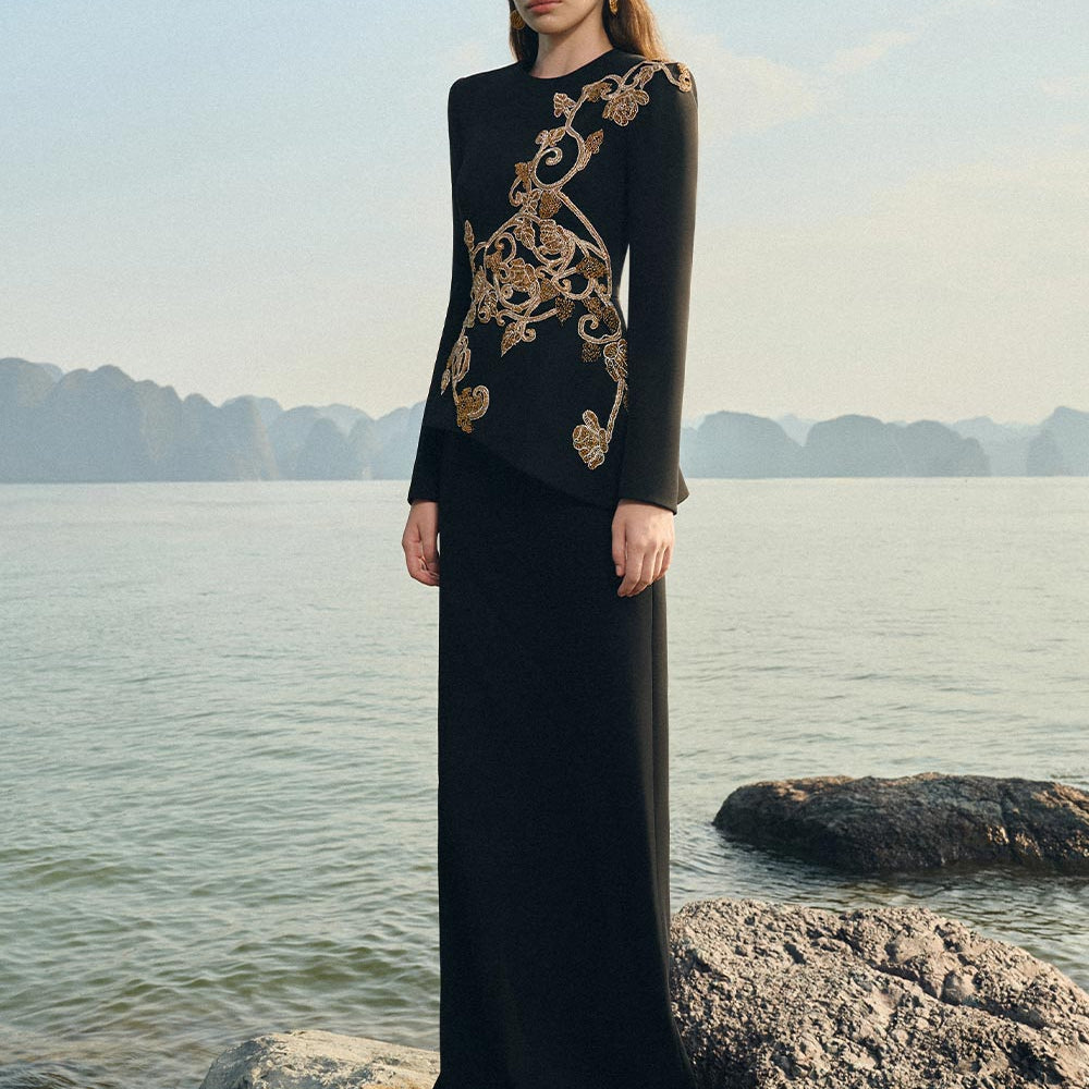 Makenzie Peplum Embroidered Velvet Satin Floor Length Dress