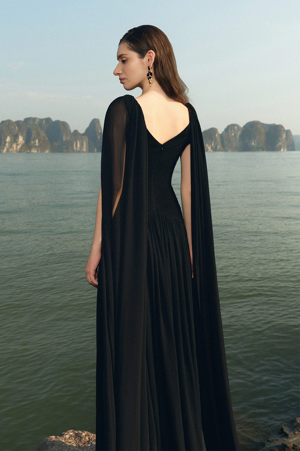 Nalani Gathered Cape Sleeved Chiffon Floor Length Dress