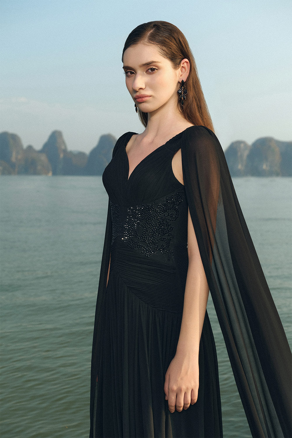 Nalani Gathered Cape Sleeved Chiffon Floor Length Dress