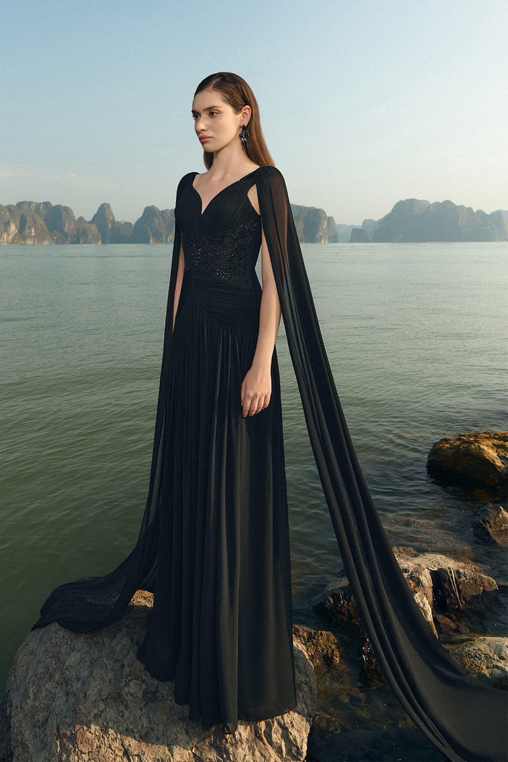 Nalani Gathered Cape Sleeved Chiffon Floor Length Dress