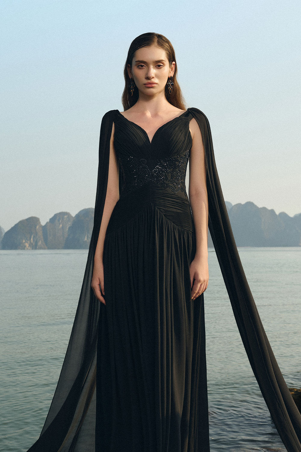 Nalani Gathered Cape Sleeved Chiffon Floor Length Dress