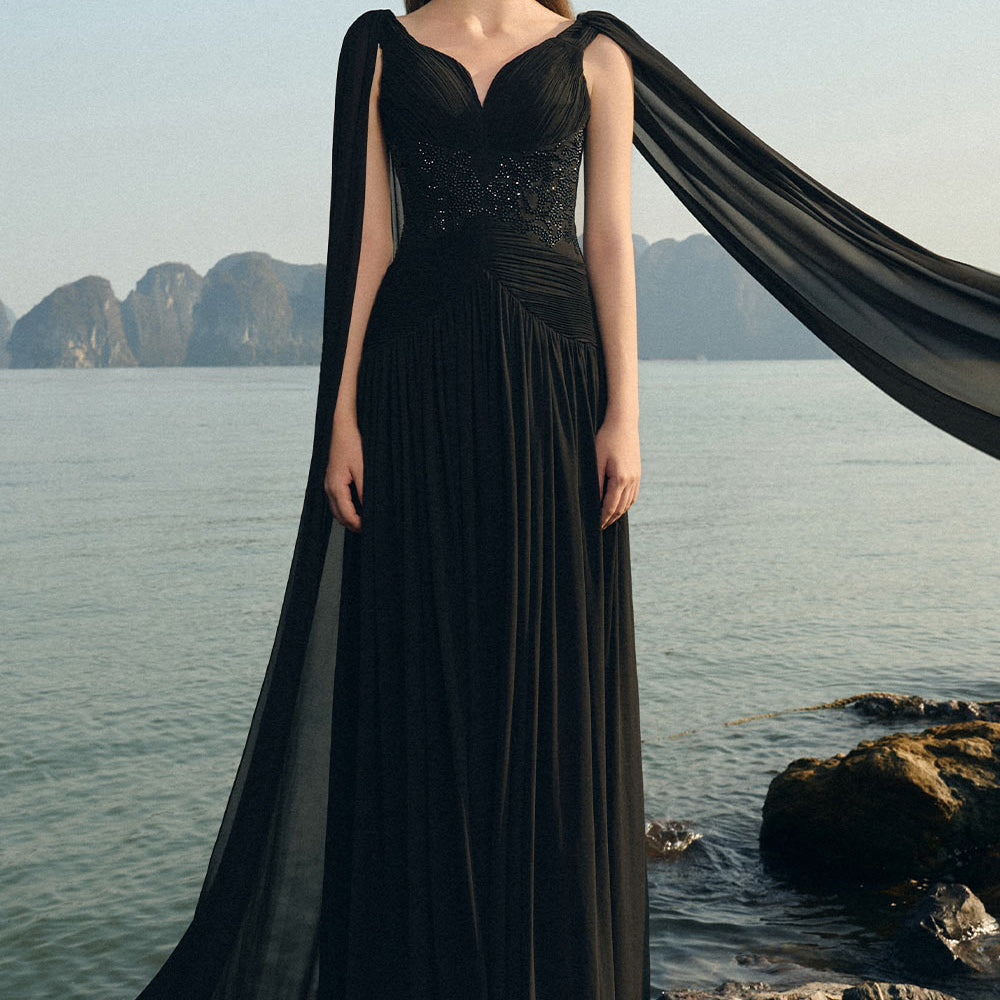 Nalani Gathered Cape Sleeved Chiffon Floor Length Dress