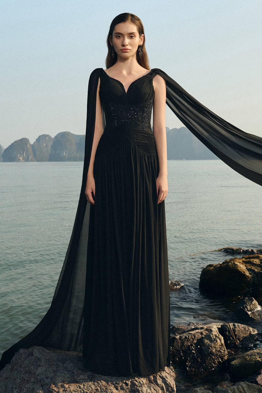 Nalani Gathered Cape Sleeved Chiffon Floor Length Dress