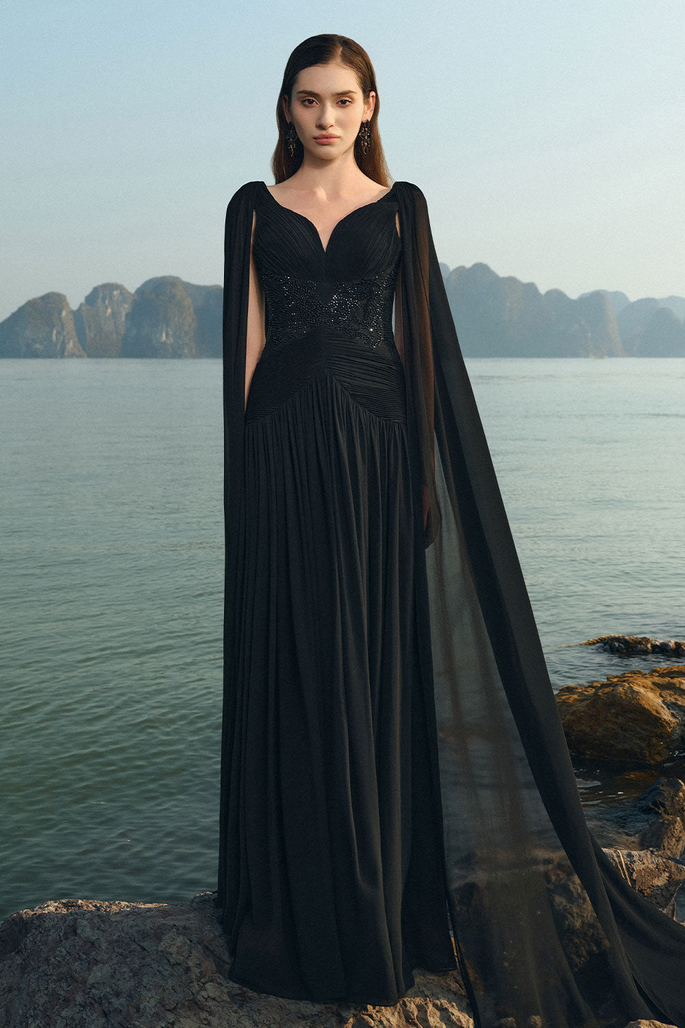 Nalani Gathered Cape Sleeved Chiffon Floor Length Dress