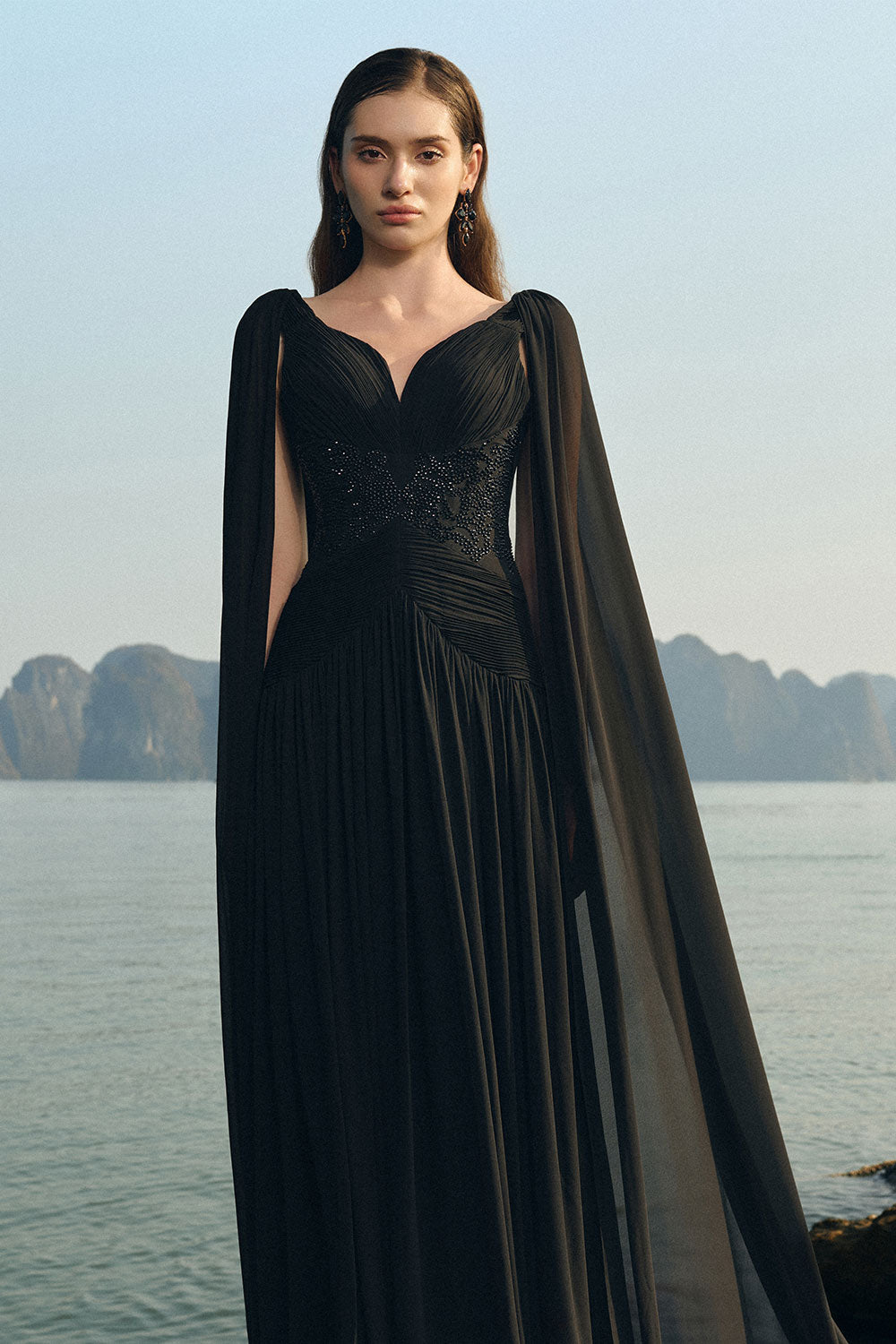Nalani Gathered Cape Sleeved Chiffon Floor Length Dress