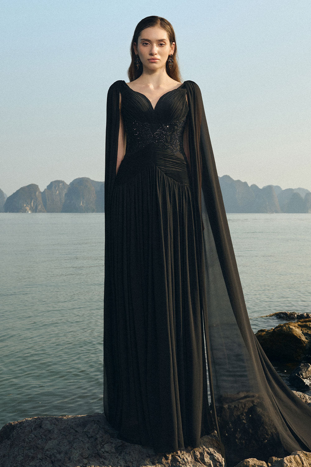 Nalani Gathered Cape Sleeved Chiffon Floor Length Dress