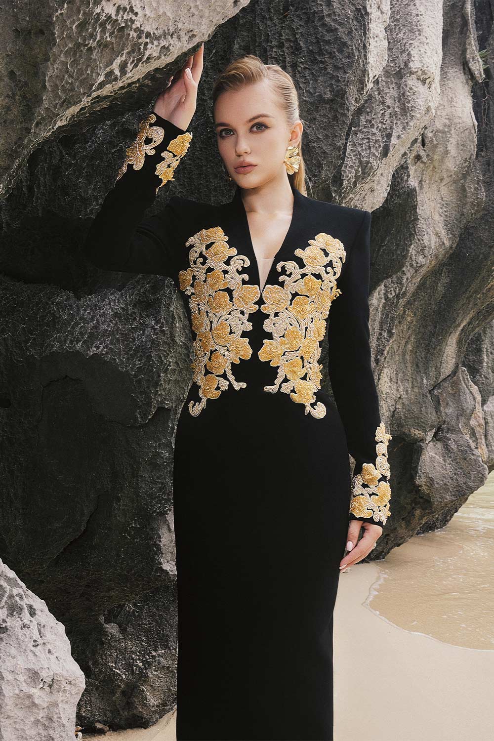 Ariella Sheath Embroidered Crepe Floor Length Dress
