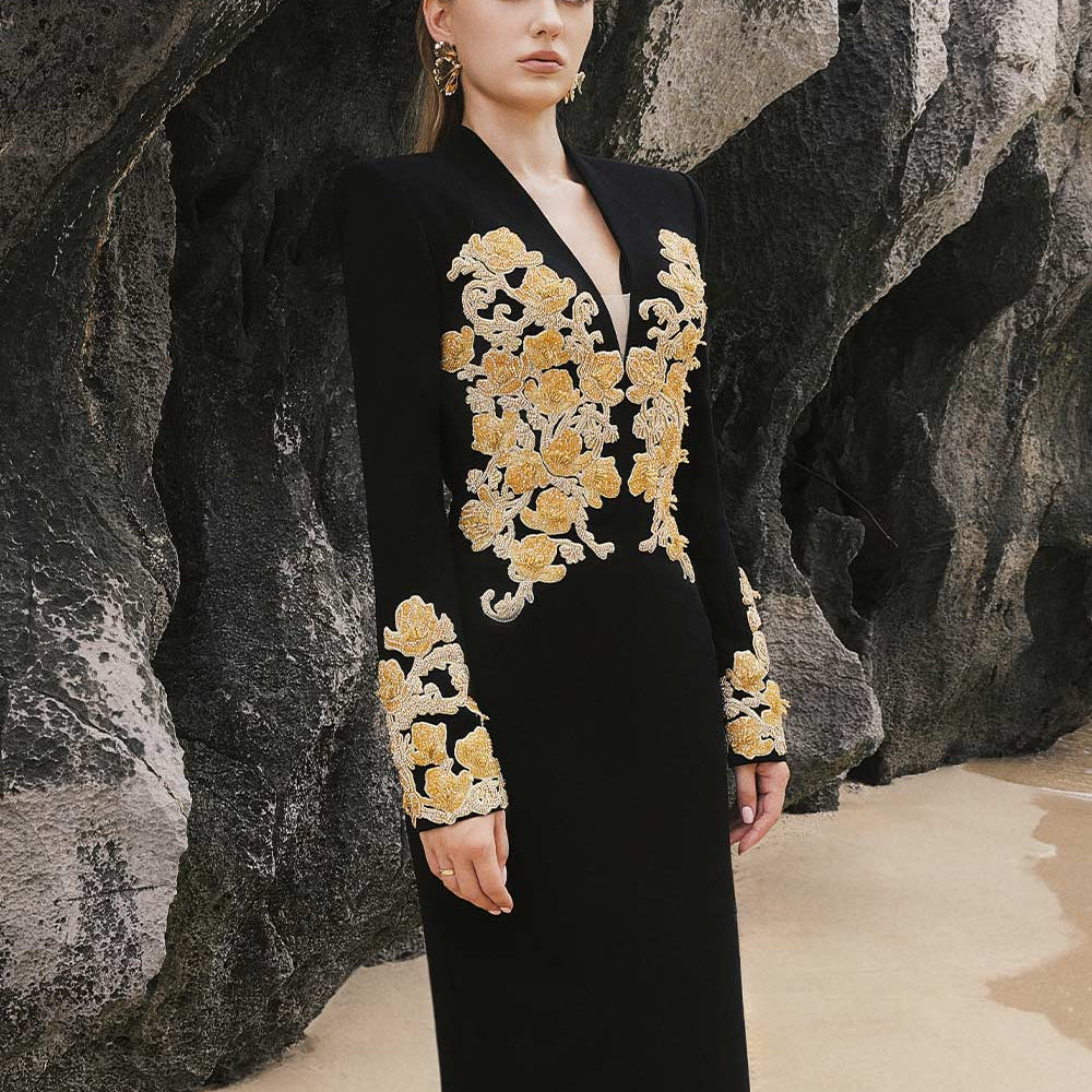 Ariella Sheath Embroidered Crepe Floor Length Dress