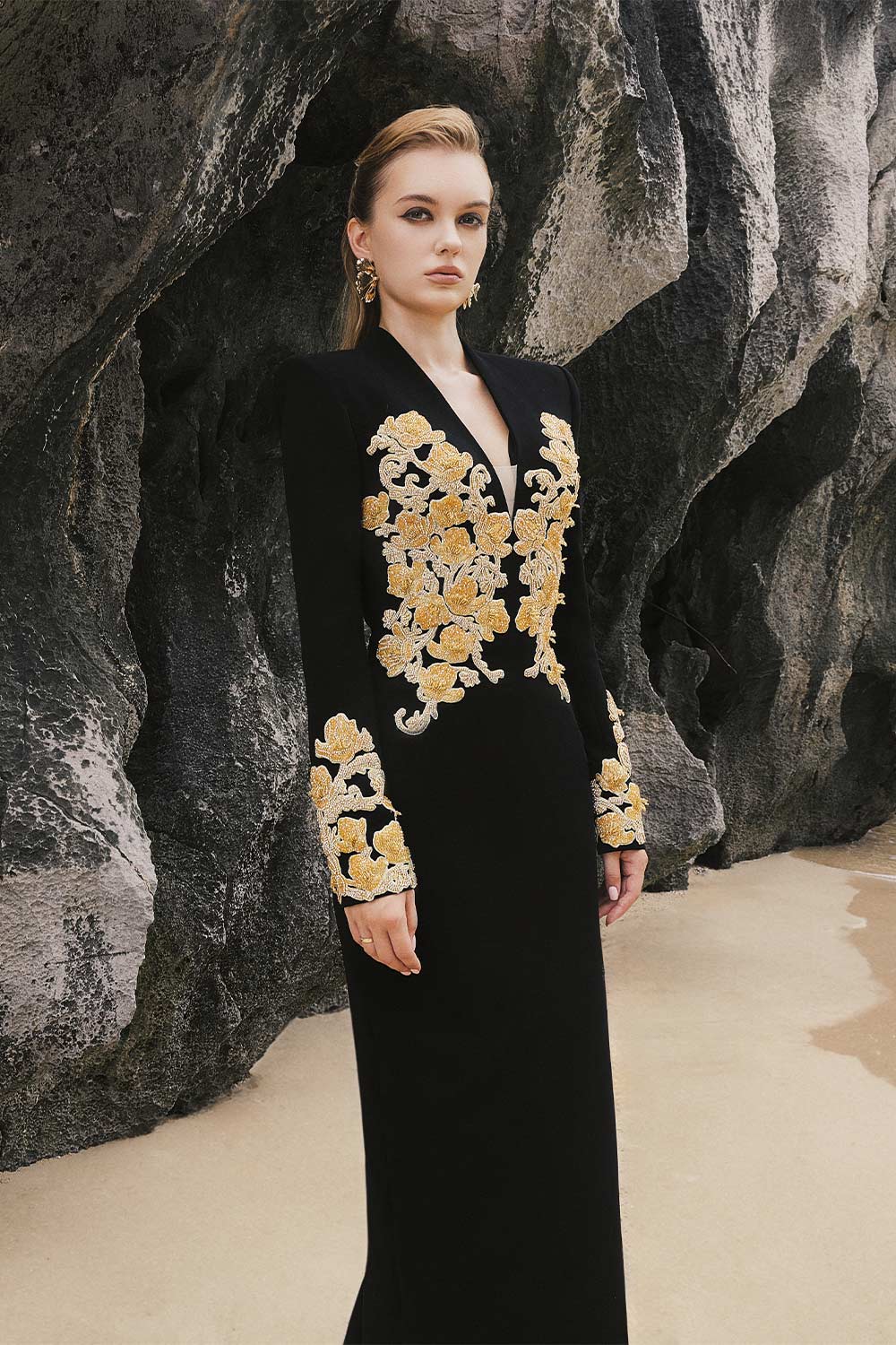 Women's Ariella Sheath Embroidered Crepe Floor Length Dress XS/S/M/L/XL/XXL/Customize/Black/MEAN BLVD, Black / XS