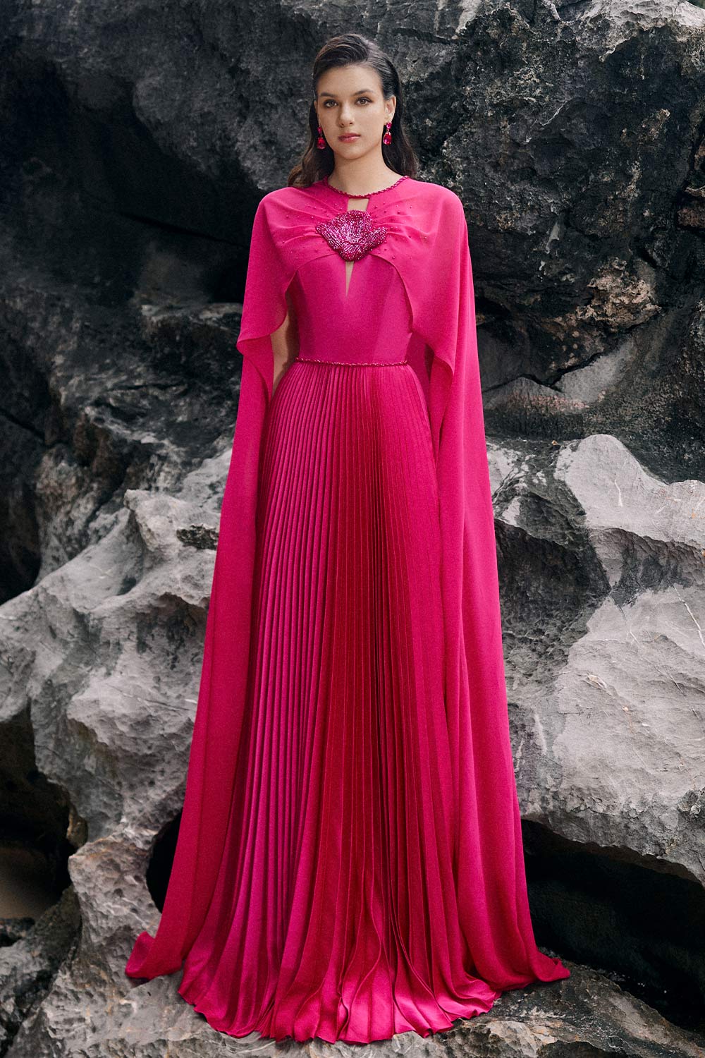 Ava Pleated Cape Sleeved Silk Floor Length Dress Deep Fuchsia / S