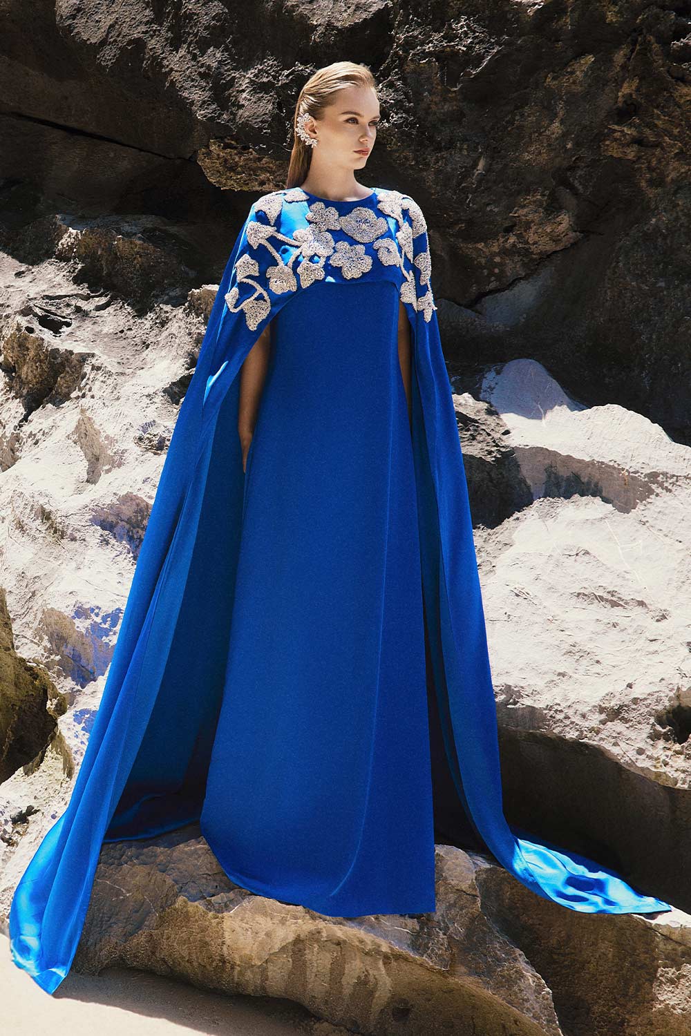 Women's Penny Tent Cape Shoulder Silk Floor Length Dress XS/S/M/L/XL/XXL/Customize/Cobalt/MEAN BLVD Cobalt / XL