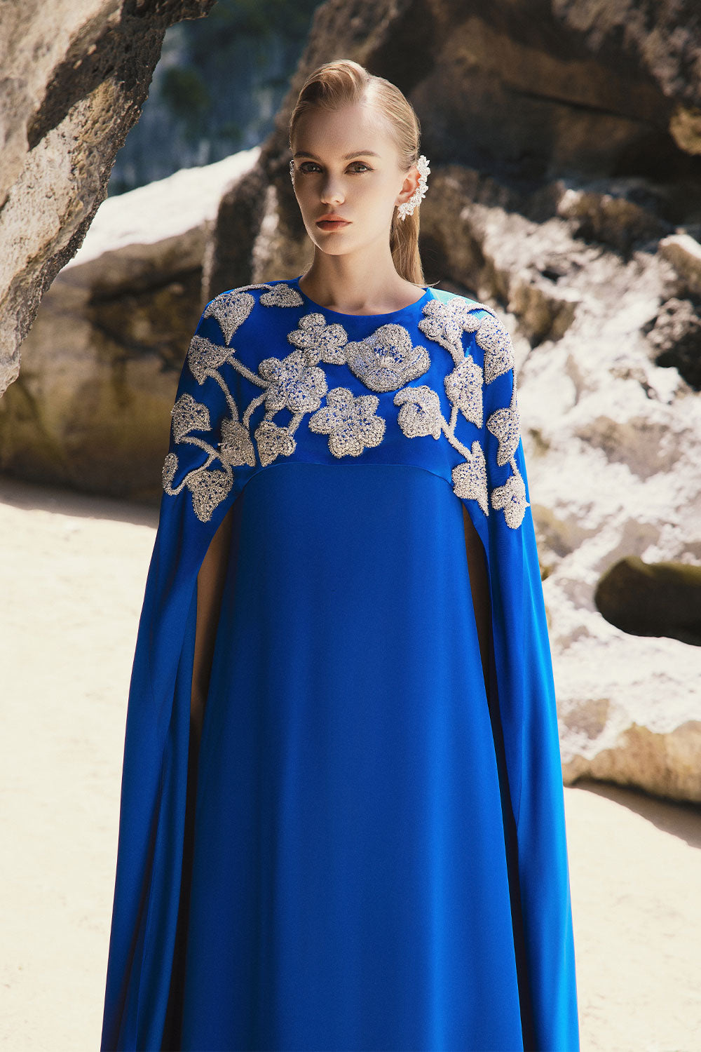 Penny Tent Cape Shoulder Silk Floor Length Dress