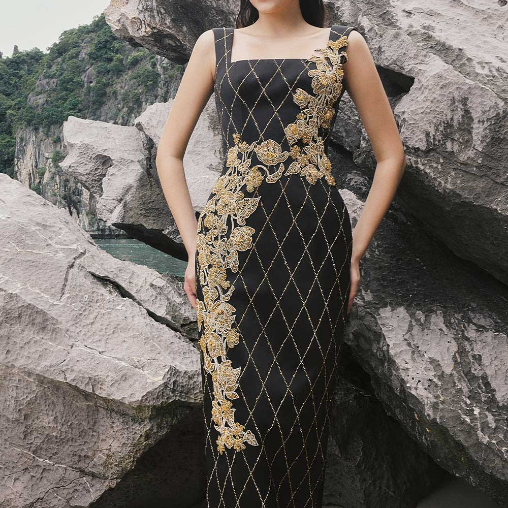 Thea Sheath Square Neck Taffeta Floor Length Dress