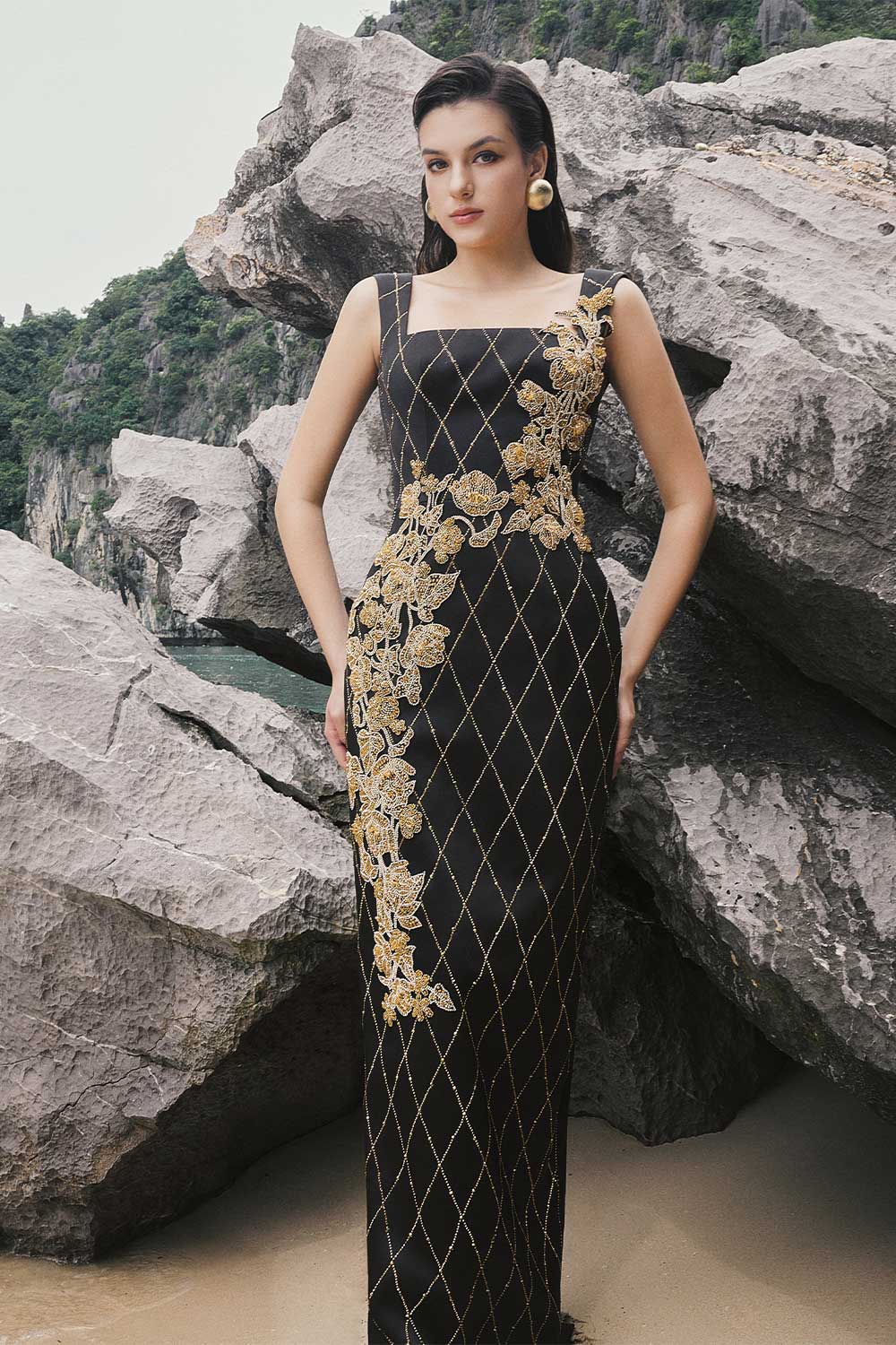 Thea Sheath Square Neck Taffeta Floor Length Dress