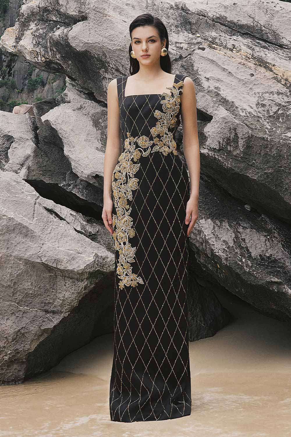 Thea Sheath Square Neck Taffeta Floor Length Dress