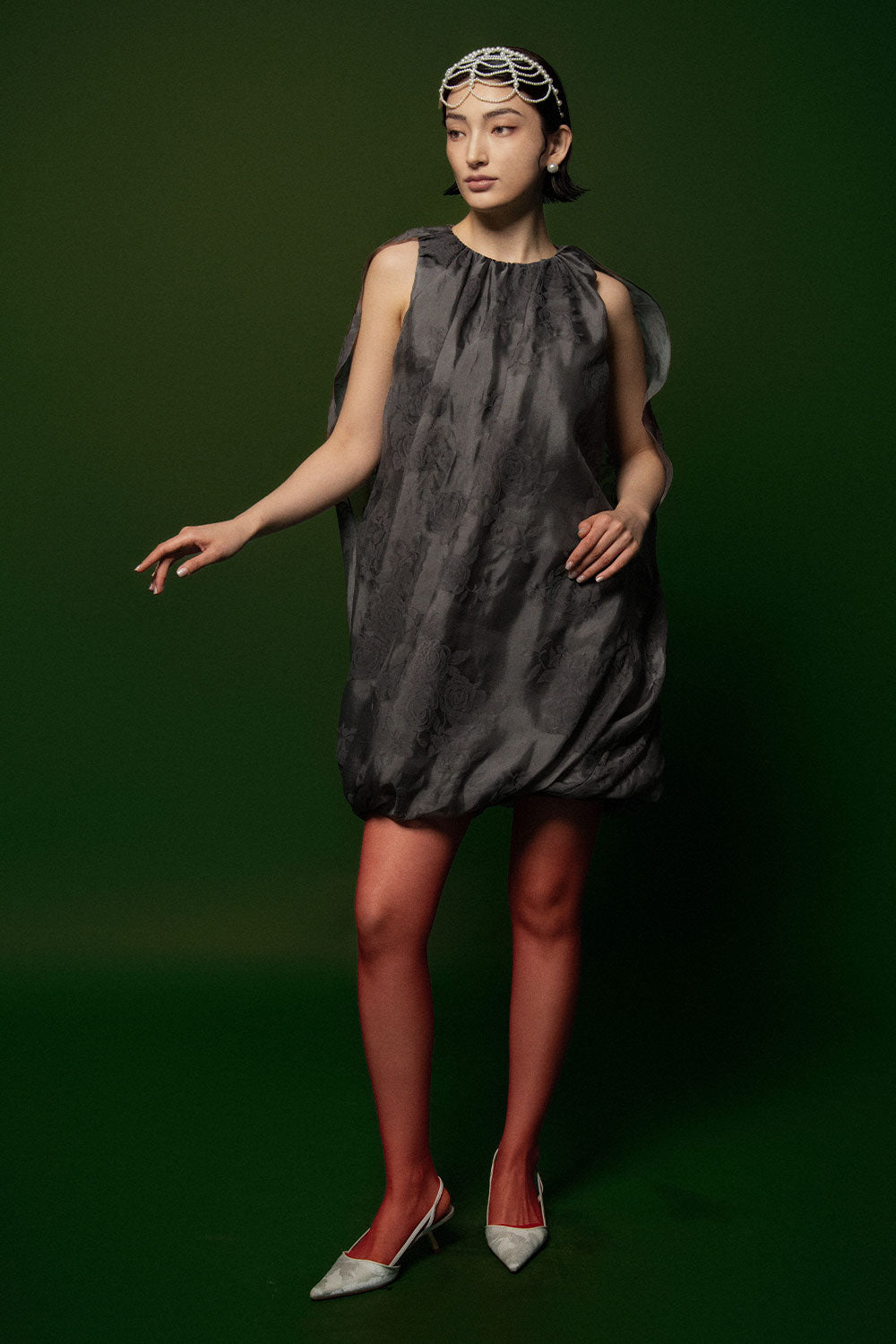 Thai Thuy Cocoon Boat Neck Organza Mini Dress