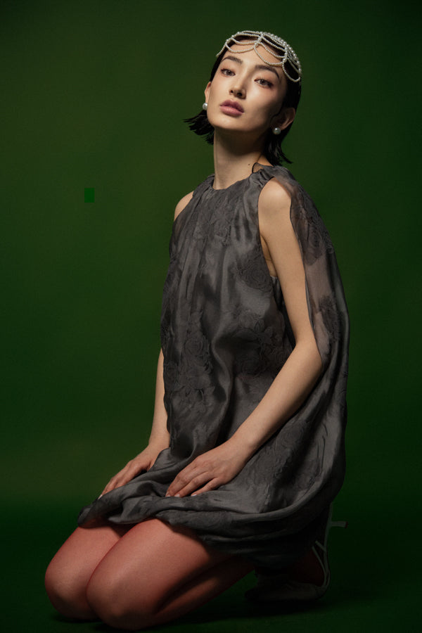 Thai Thuy Cocoon Boat Neck Organza Mini Dress