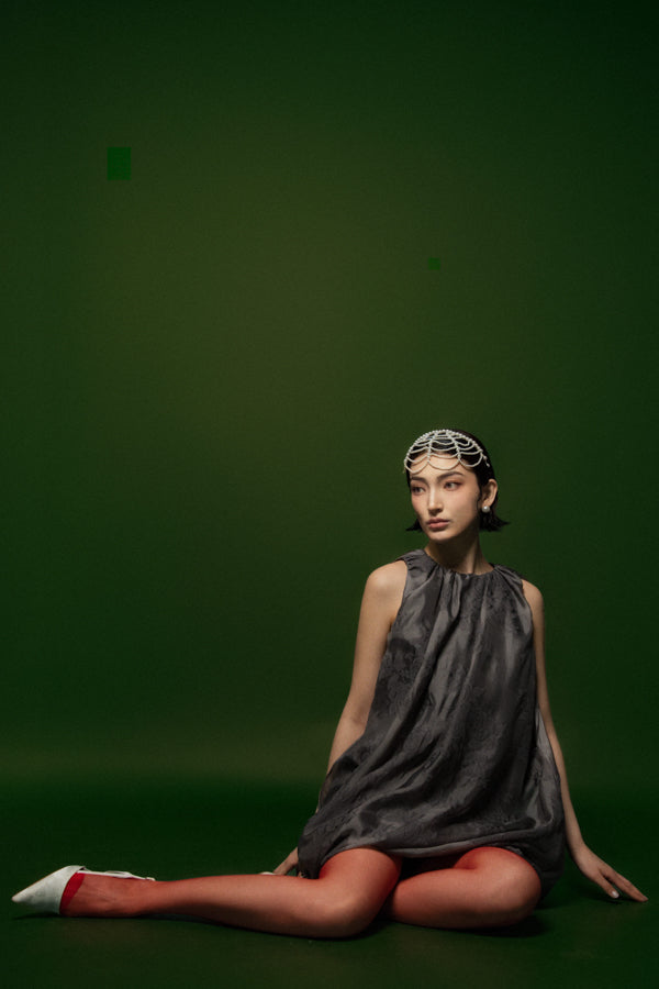 Thai Thuy Cocoon Boat Neck Organza Mini Dress