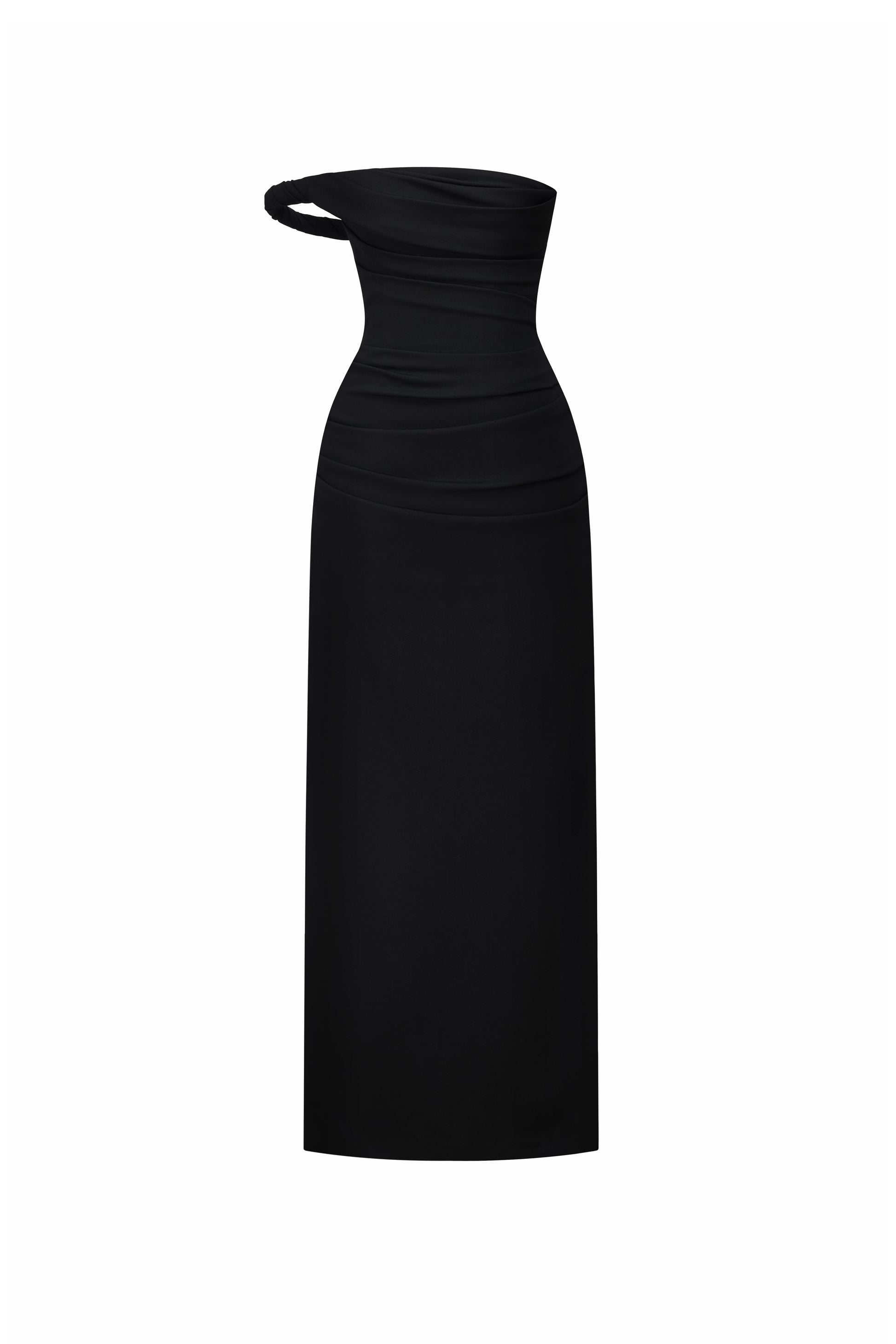 straight black midi dress Black One-off Shoulder Draped Midi Dress