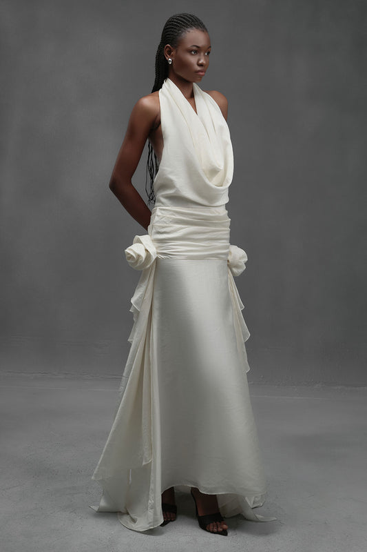 Mackerel Asymmetric Cowl Neck Chiffon Maxi Dress