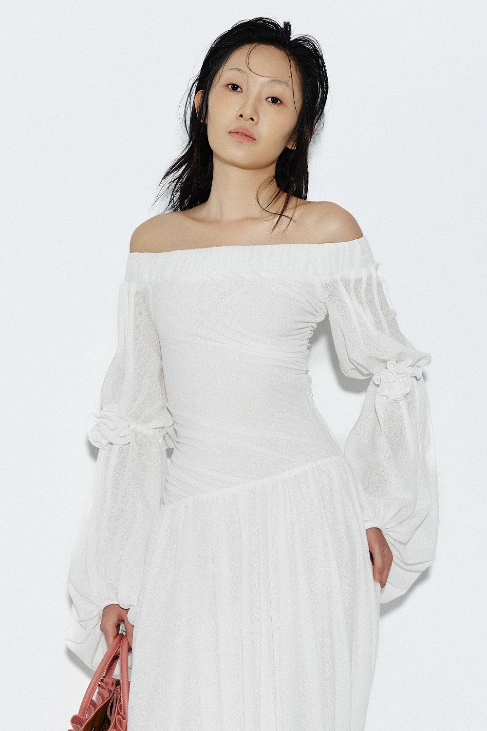 SpikyRose Gathered Off-Shoulder Spandex Maxi Dress