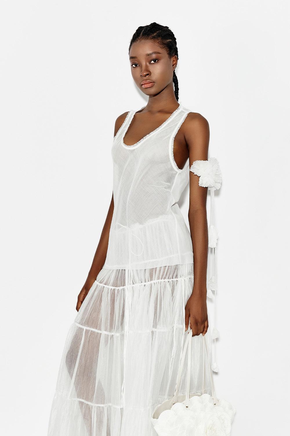 maxi dress with chiffon skirt Women's Doves Tiered See-Through Chiffon Long Length Skirt Freesize/Customize White MEAN BLVD White / Customize