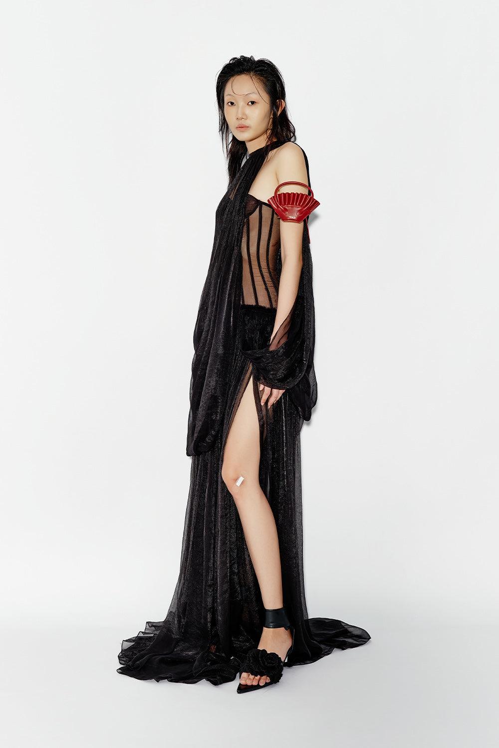 Lilac Gathered Corset Waist Chiffon Extra Long Length Dress