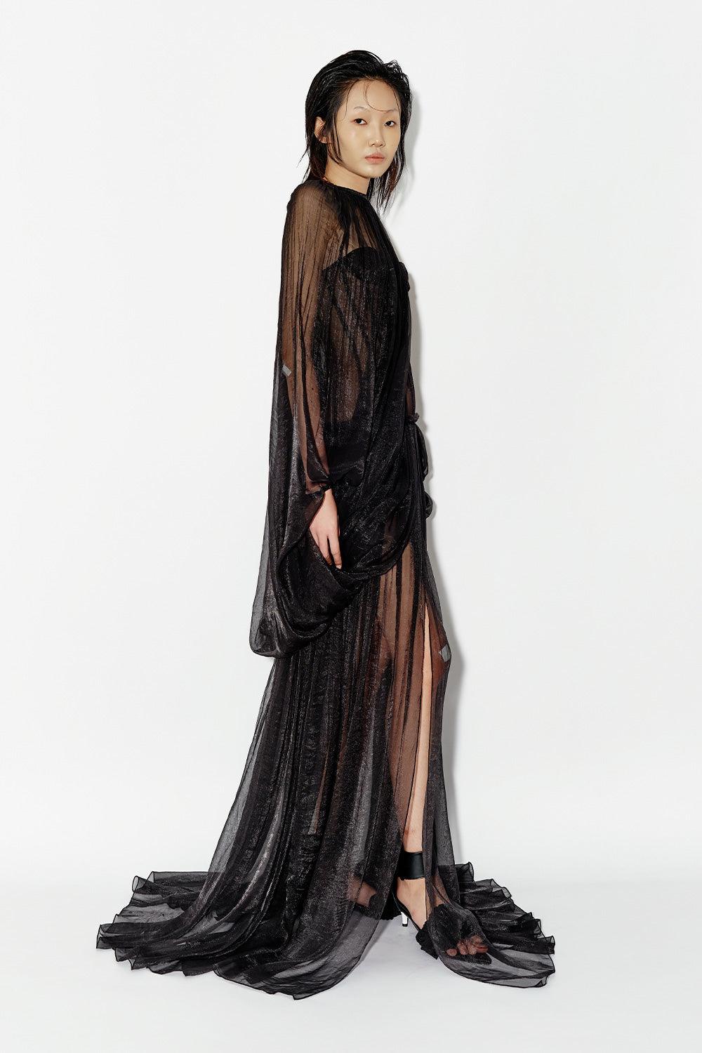 Lilac Gathered Corset Waist Chiffon Extra Long Length Dress Black / XS