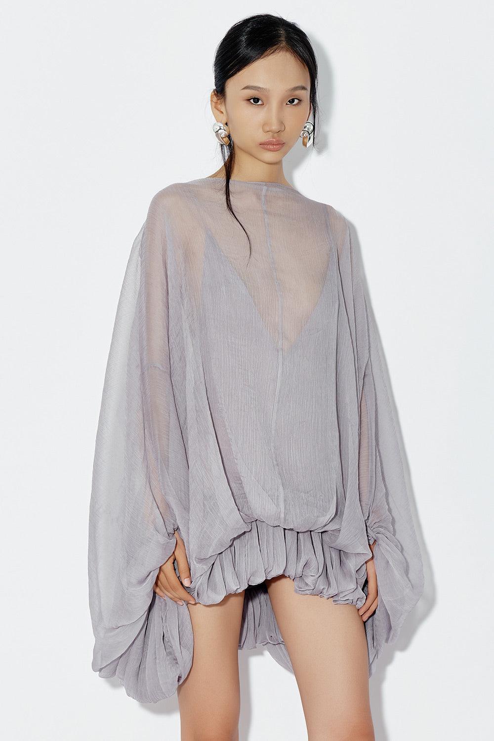 sachin and babi light blue dress Women's Carnation Drop Waist Batwing Sleeved Chiffon Mini Dress  XS/S/M/L/Customize Blue Grey MEAN BLVD