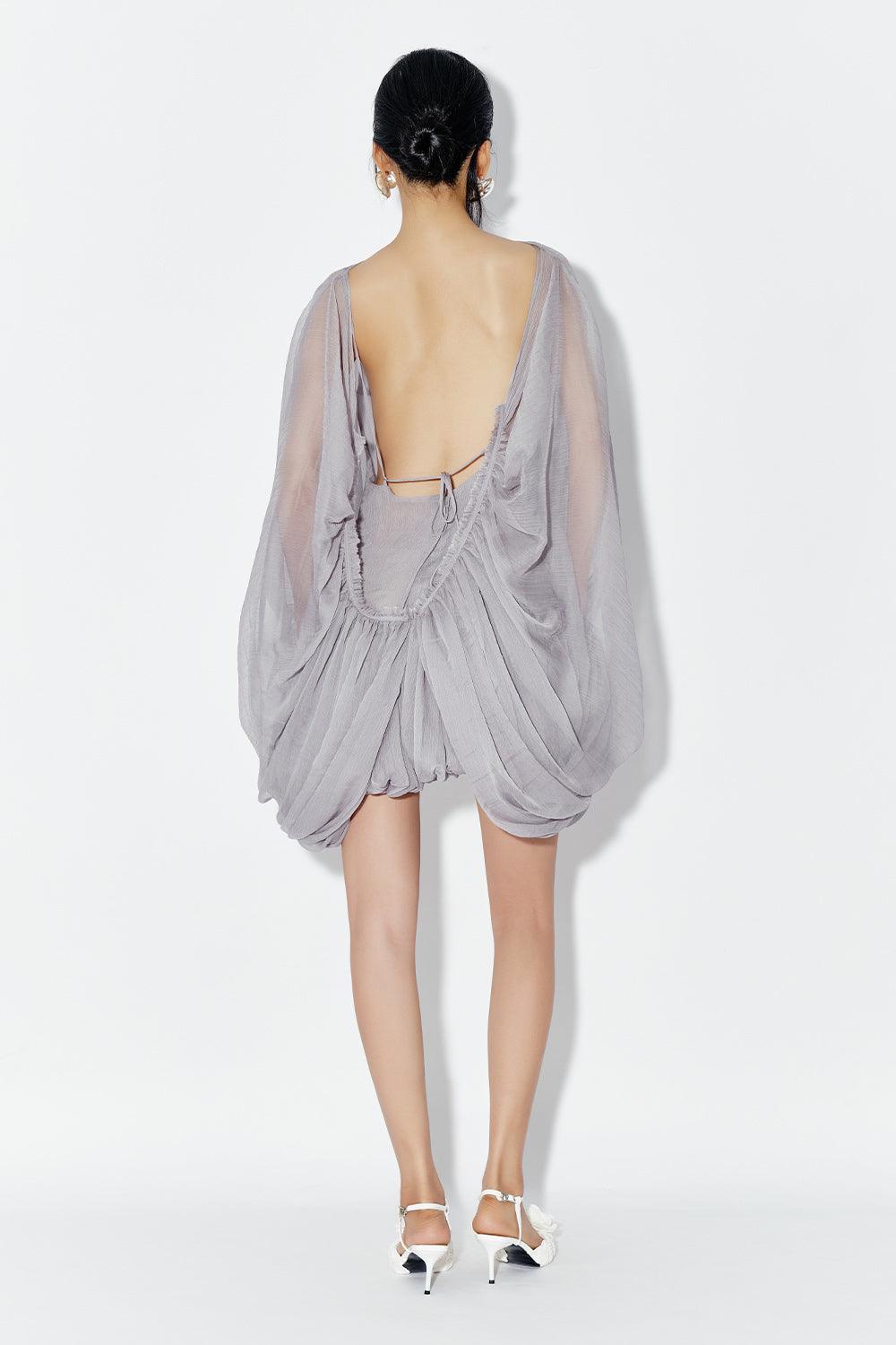 Women's Carnation Drop Waist Batwing Sleeved Chiffon Mini Dress XS/S/M/L/Customize Blue Grey MEAN BLVD Women's Carnation Drop Waist Batwing Sleeved Chiffon Mini Dress XS/S/M/L/Customize Blue Grey MEAN BLVD