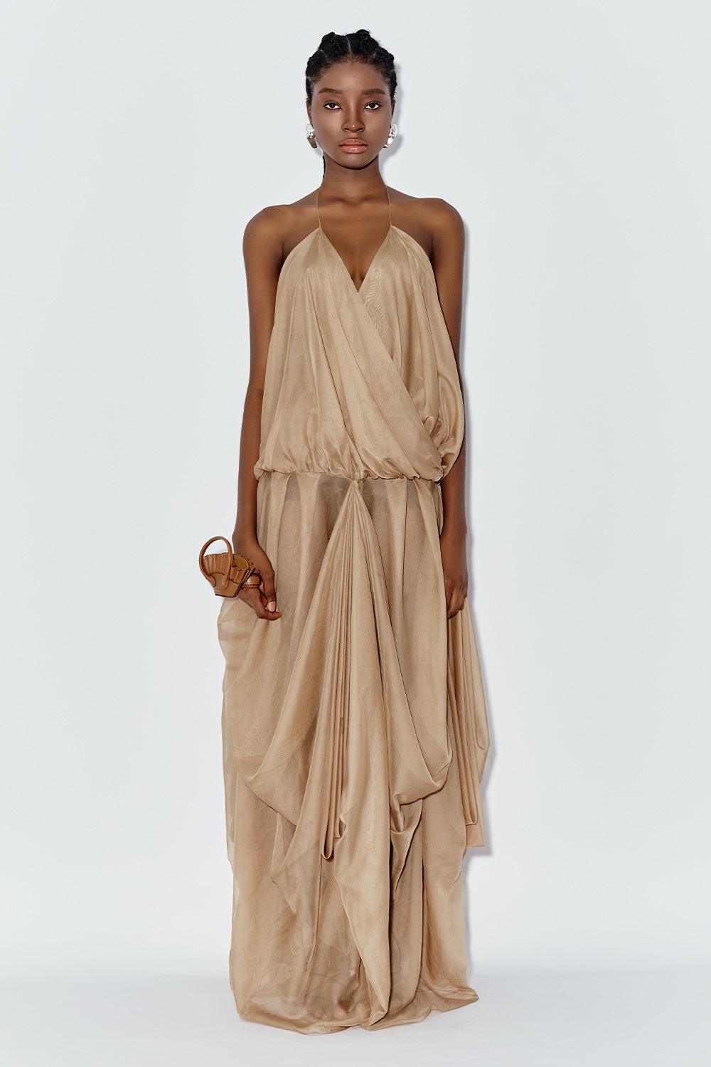 Ocean Blouson Draped Chiffon Maxi Dress Light Brown / L