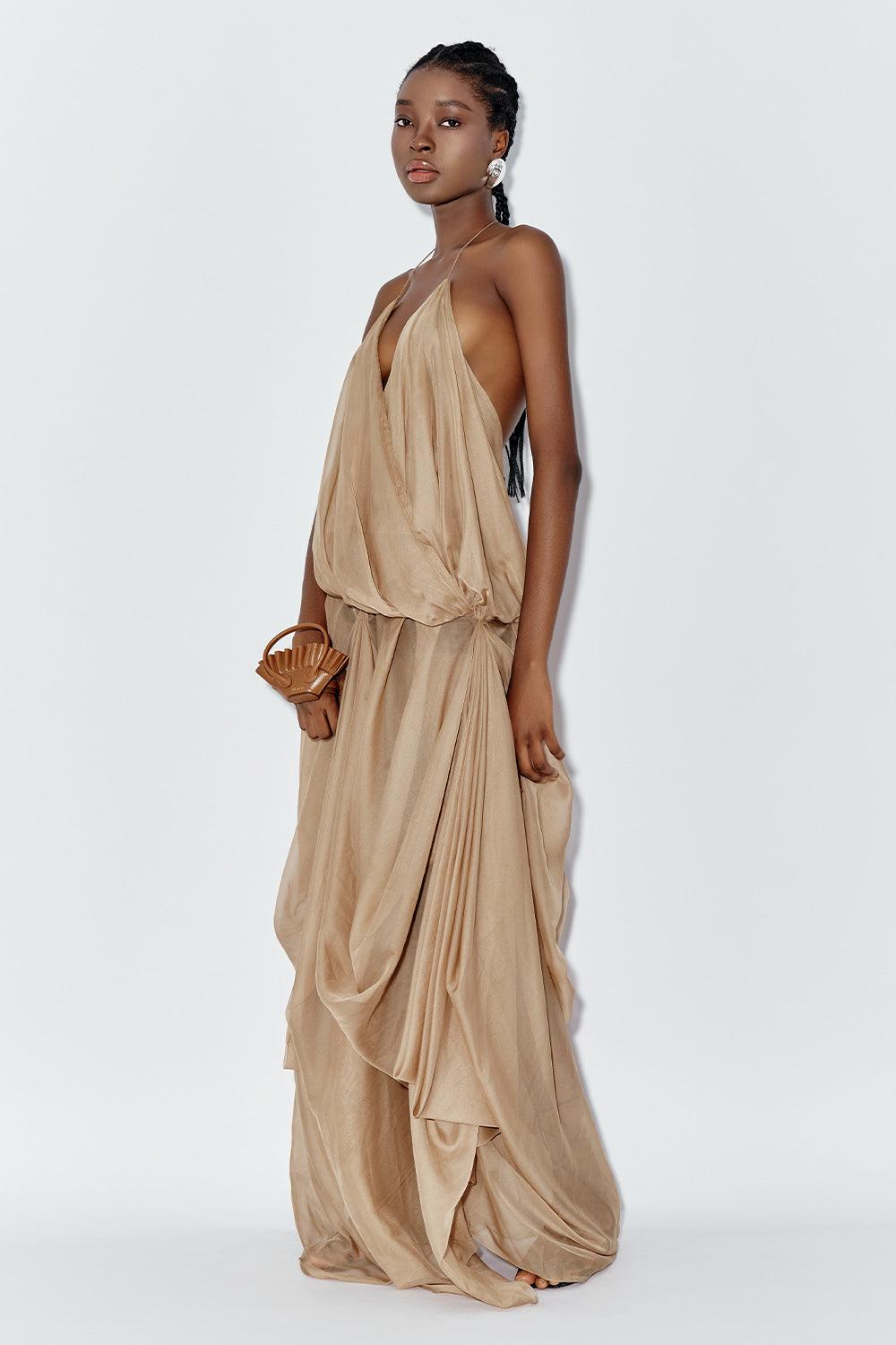 Ocean Blouson Draped Chiffon Maxi Dress Light Brown / Customize