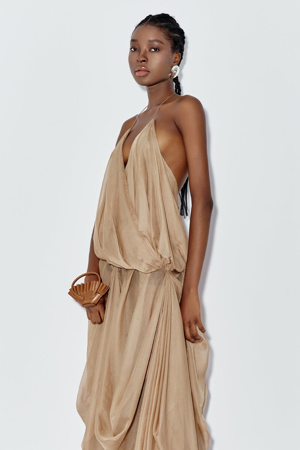 Women's Ocean Blouson Draped Chiffon Maxi Dress XS/S/M/L/Customize Light Brown Mean Blvd Light Brown / L Women's Ocean Blouson Draped Chiffon Maxi Dress XS/S/M/L/Customize Light Brown Mean Blvd Light Brown / L
