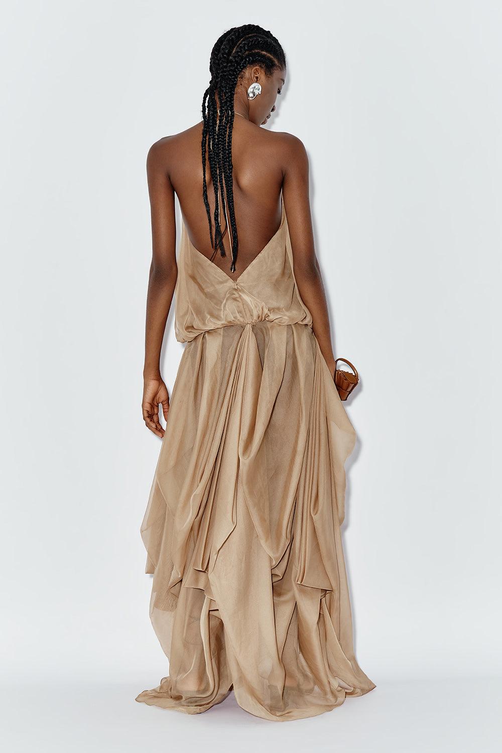 Ocean Blouson Draped Chiffon Maxi Dress
