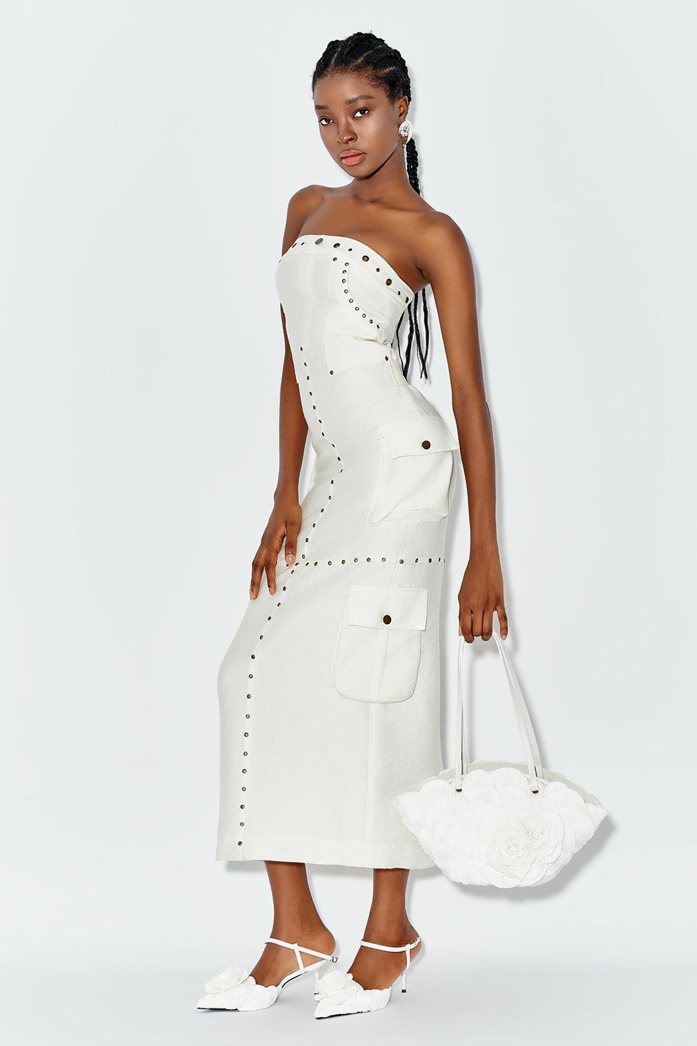 Delphis Strapless Cargo Pocket Chiffon Midi Dress