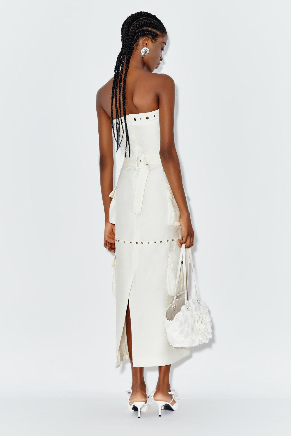 Delphis Strapless Cargo Pocket Chiffon Midi Dress
