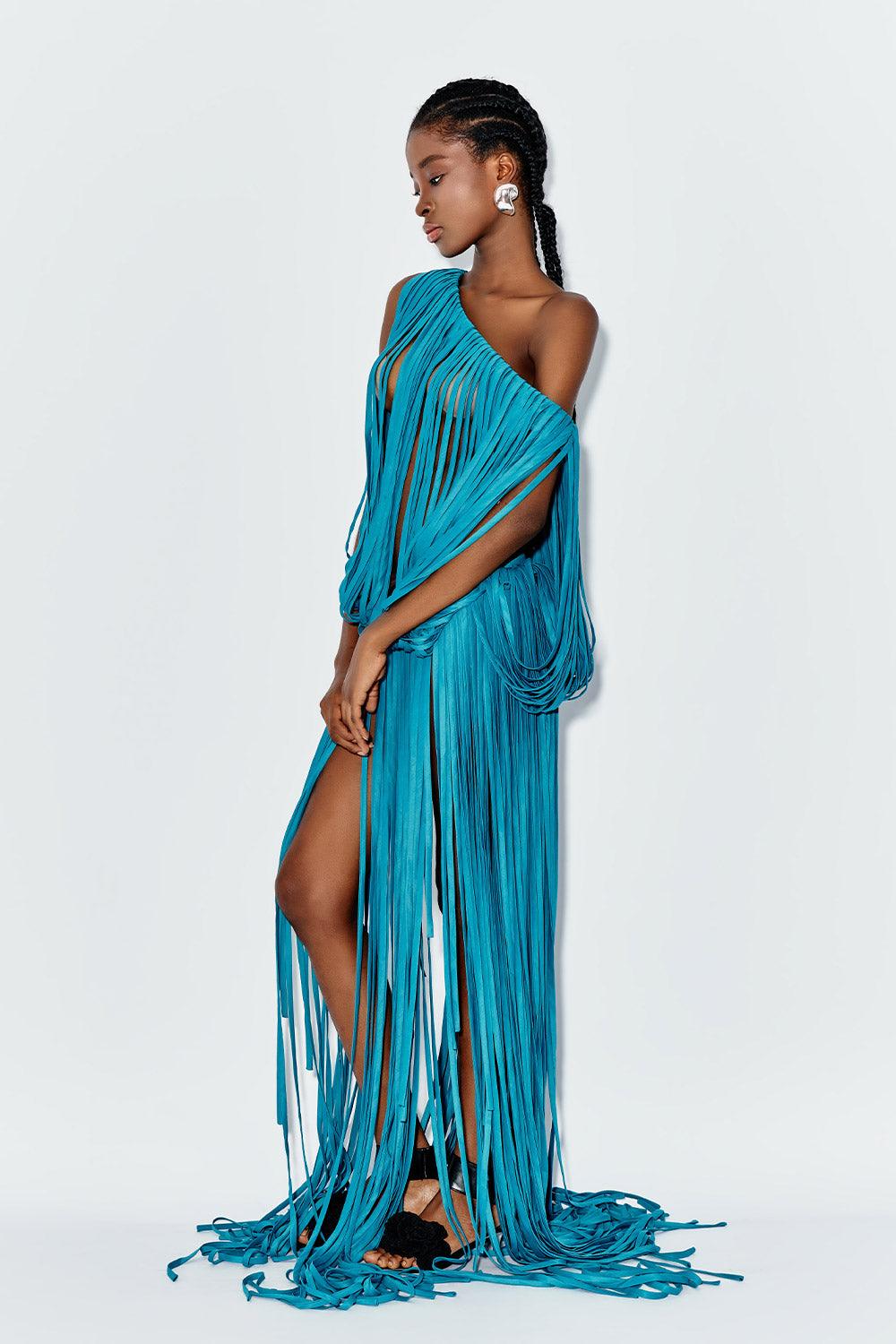 Daphne Blouson Asymmetric Shoulder Silk Blend Extra Long Length Dress