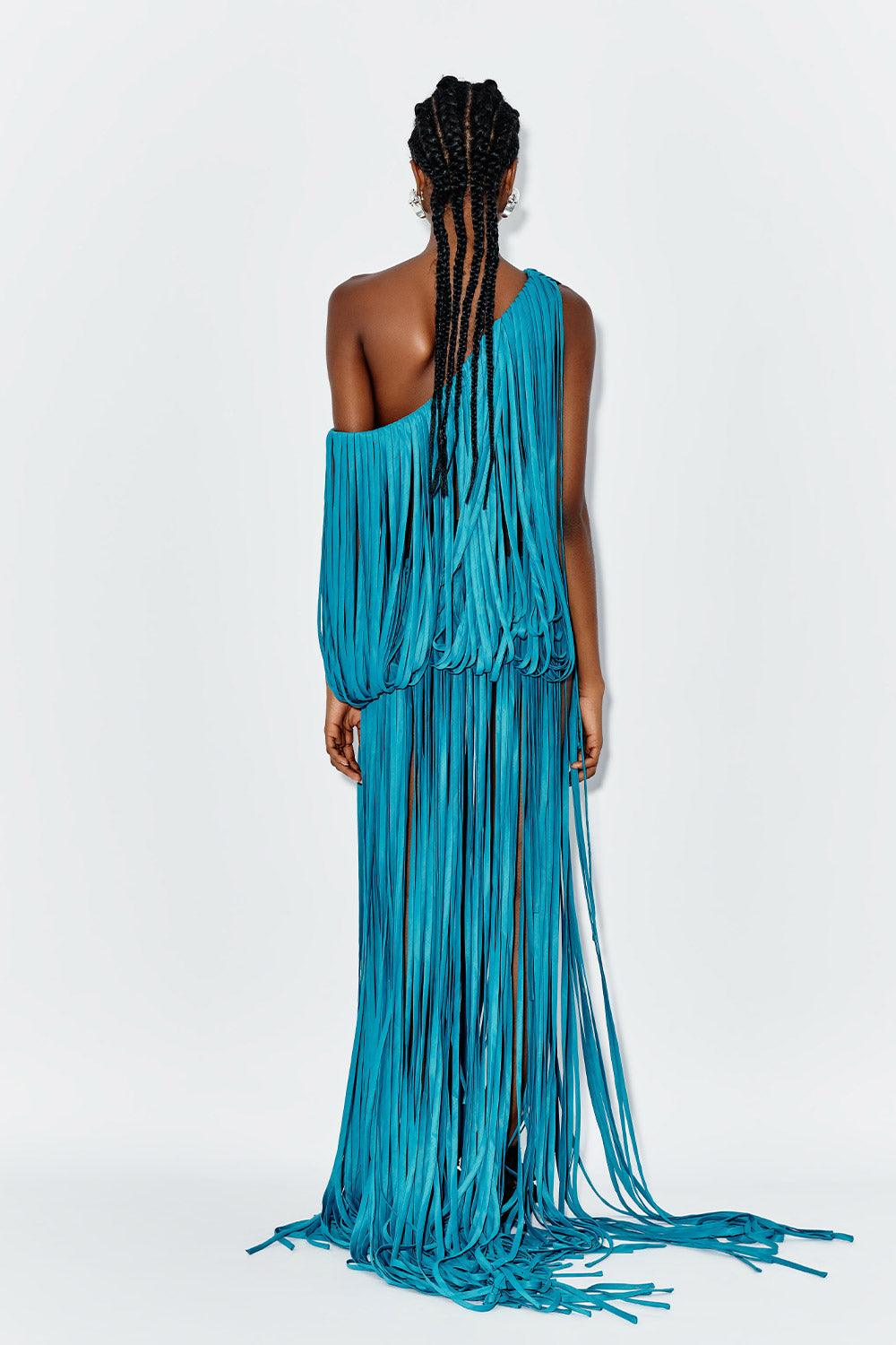 Daphne Blouson Asymmetric Shoulder Silk Blend Extra Long Length Dress