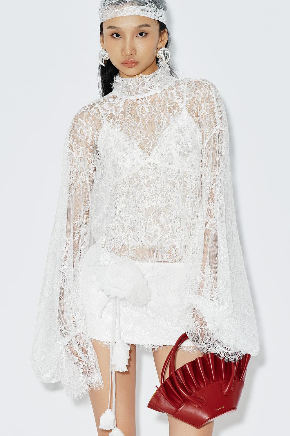 Women's Angel Blouson See-Through Lace Mini Dress XS/S/M/L/Customize White MEAN BLVD, White / XS Women's Angel Blouson See-Through Lace Mini Dress XS/S/M/L/Customize White MEAN BLVD, White / XS