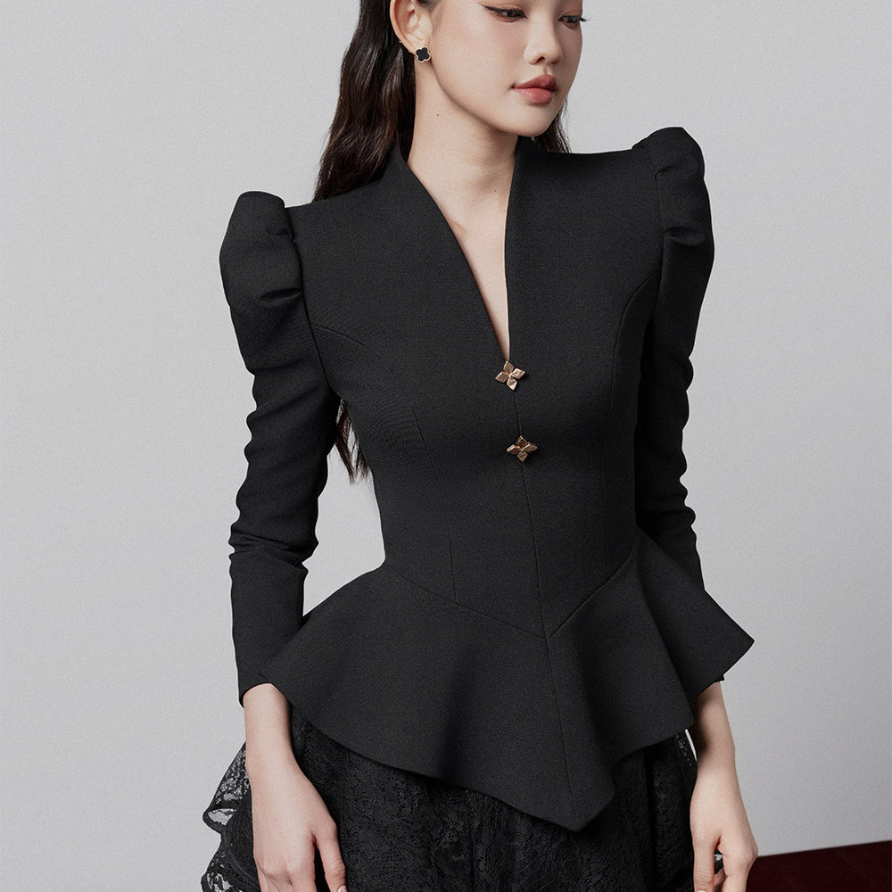 Florence Peplum V-Neck Cotton Twill Top