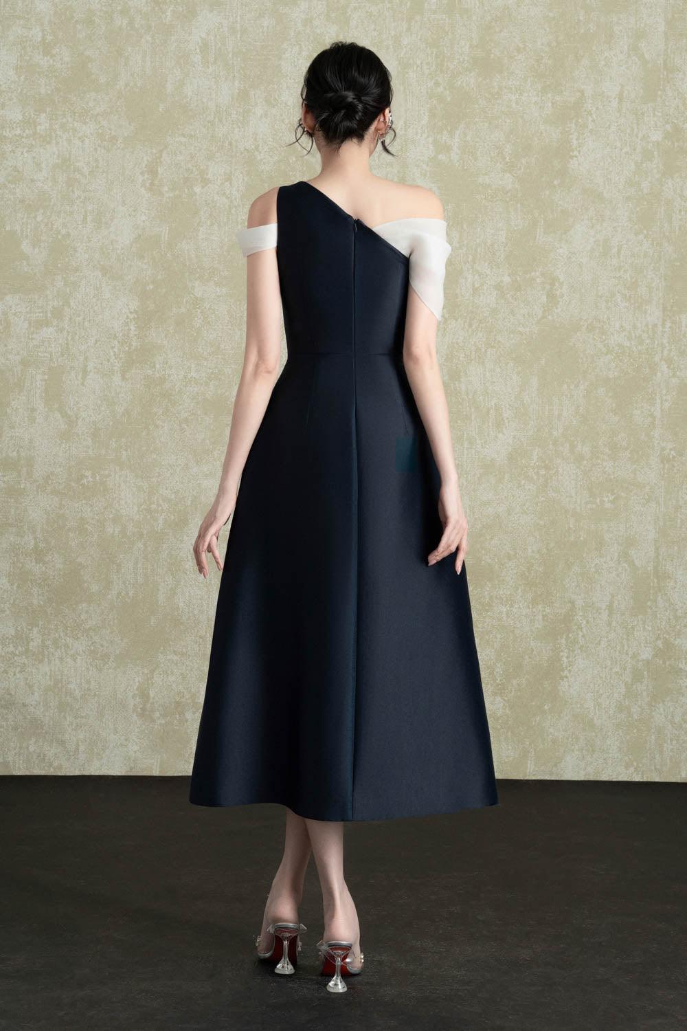 Maven A-line Cold Shoulder Sleeved Taffeta Midi Dress