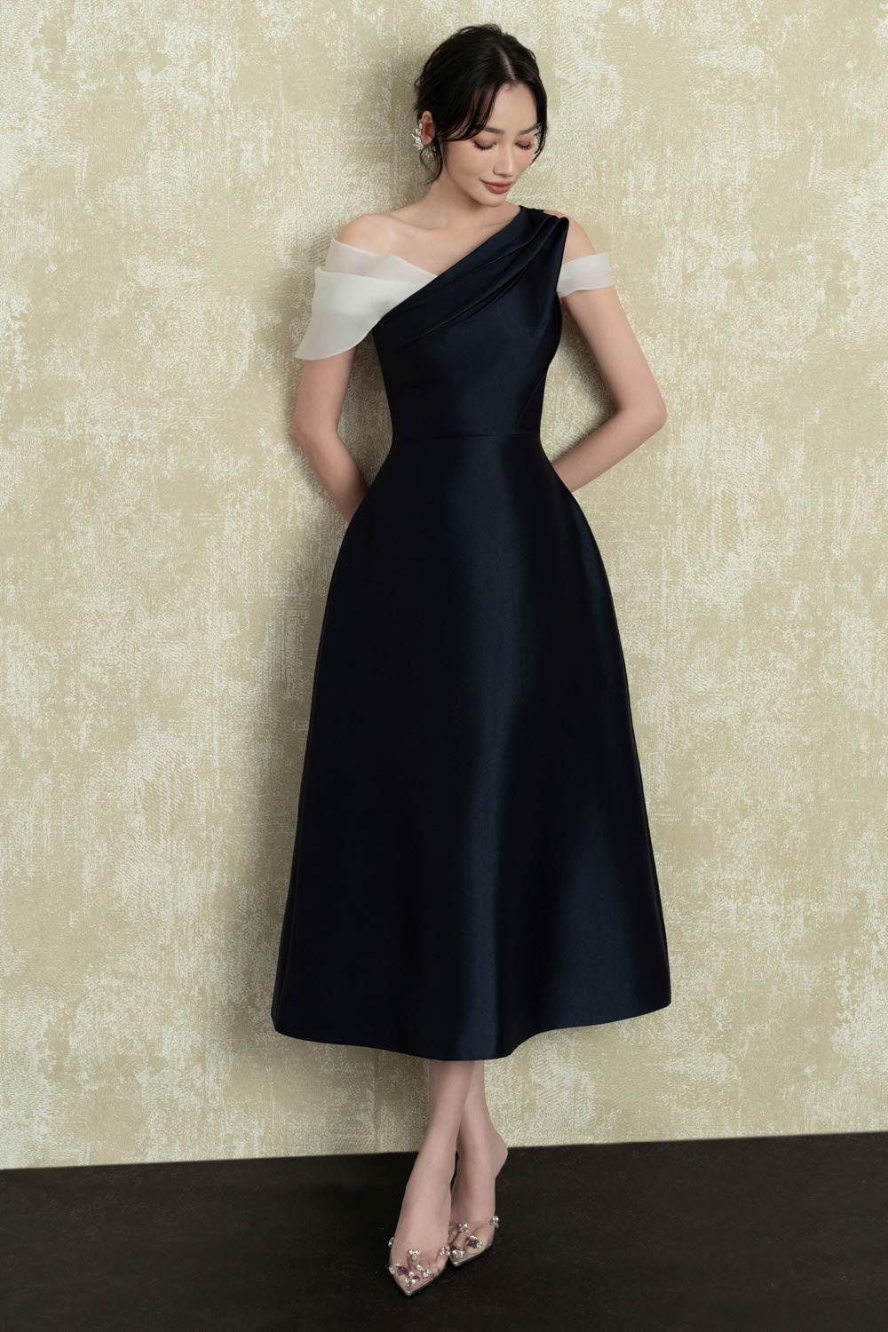 Women's Maven A-Line Cold Shoulder Sleeved Taffeta Midi Dress XS/S/M/L/XL/Customize Blue Mean Blvd Blue / S