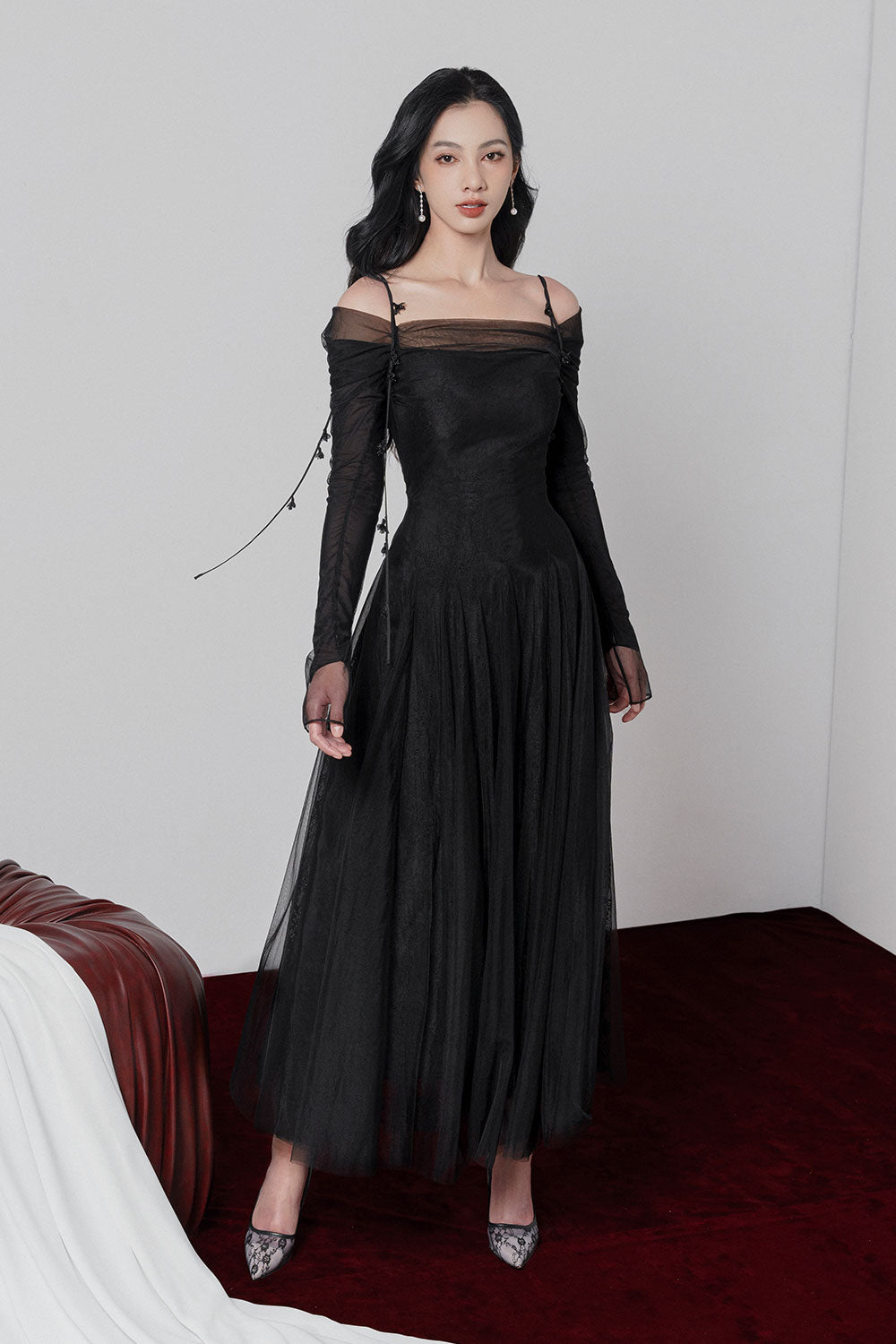 Starla A-line Draped Mesh Ankle Length Dress