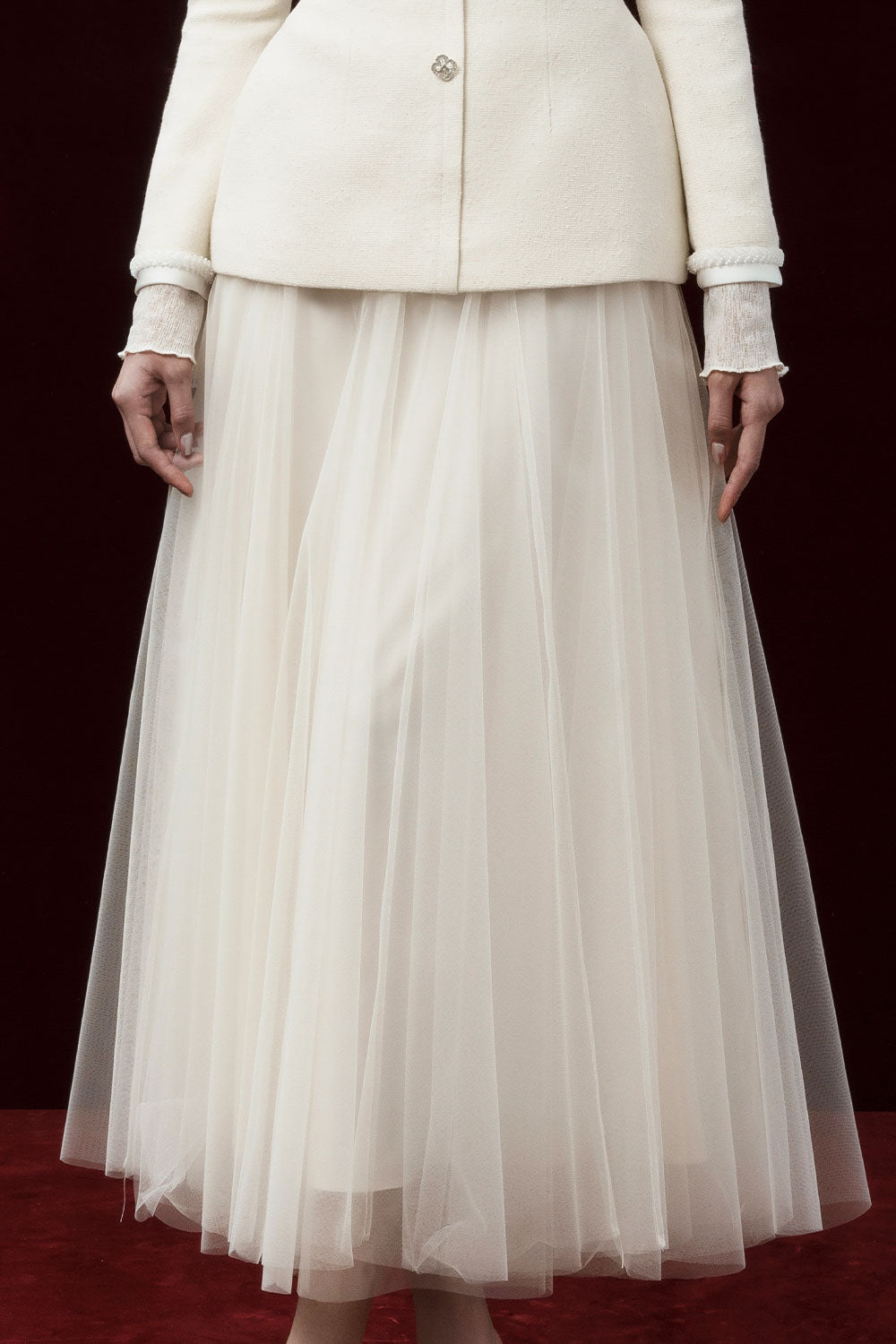 Sage Gathered Layered Mesh Midi Skirt